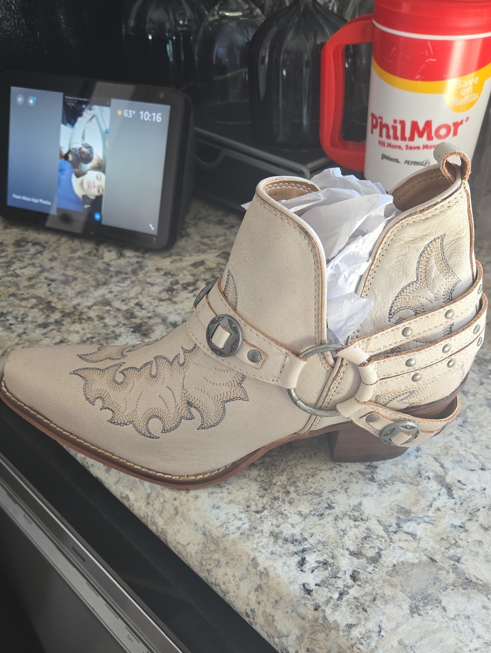 Myra Bag Cream Western Harness Ankle Boot with Metal Ring Accents